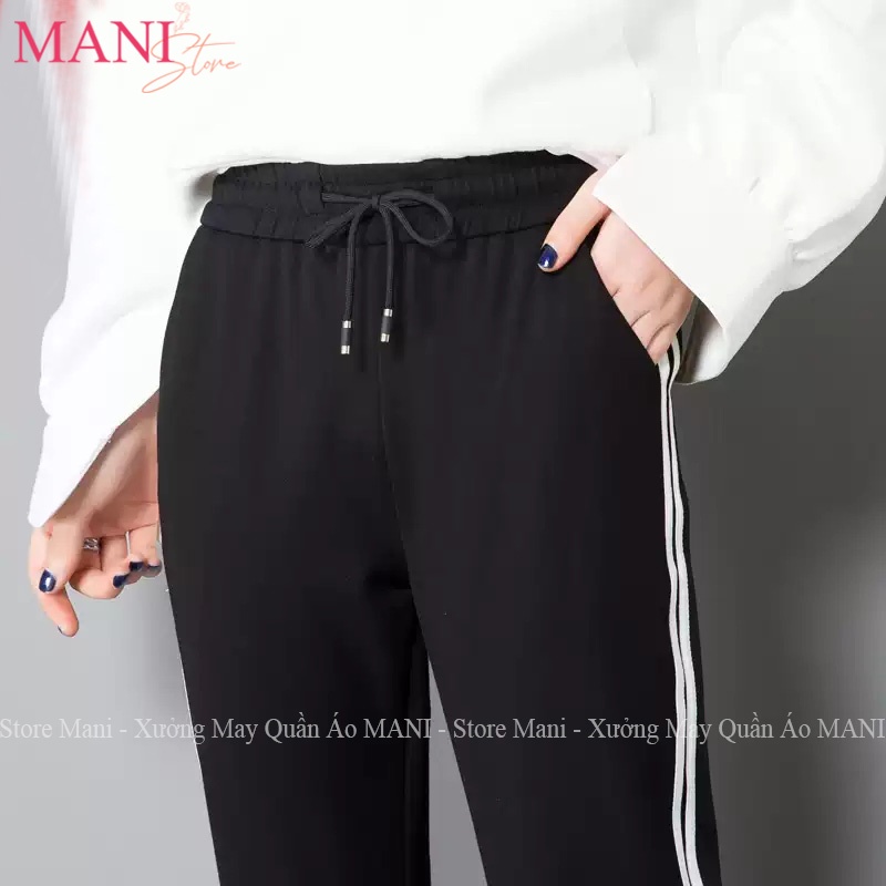 Quần jogger nữ thể thao 2 sọc trắng chất Umi màu đen co dãn 4 chiều dây rút bo ống mặc tập gym thể dục đi học chơi đẹp