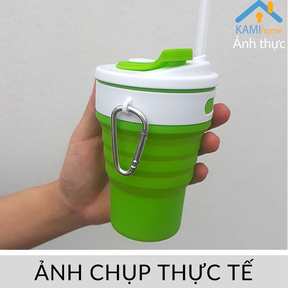 Ly gấp gọn chịu nhiệt có nắp và ống hút 350ml chất liệu Silicone an toàn và chịu nhiệt mã 22012