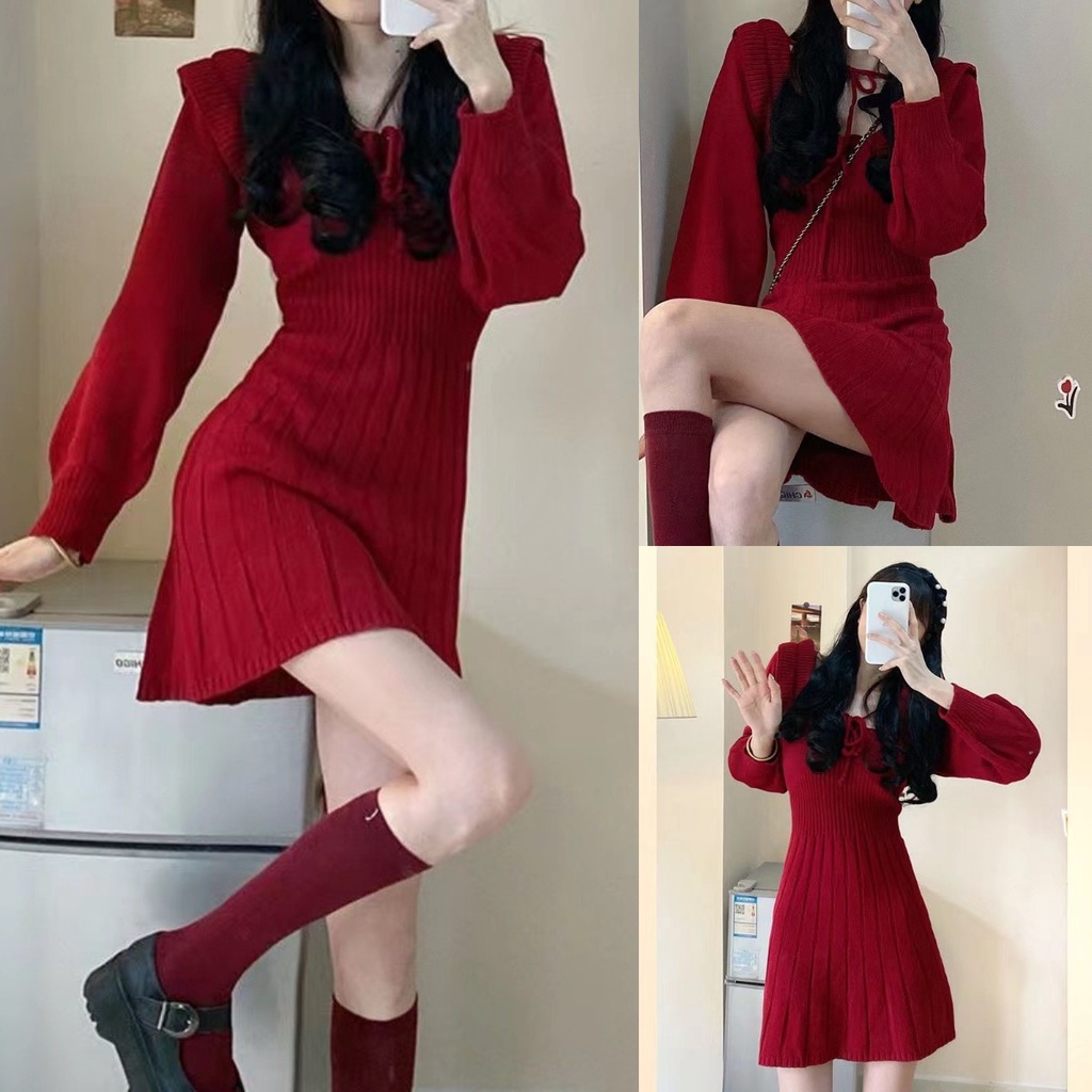 🎀Đầm đỏ chữ A phối nơ thời trang nữ tính Hàn Quốc | BigBuy360 - bigbuy360.vn