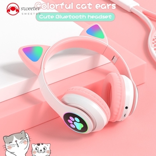 Tai Nghe Bluetooth Không Dây Hình Mèo Dễ Thương Có Micro Và Đèn Led