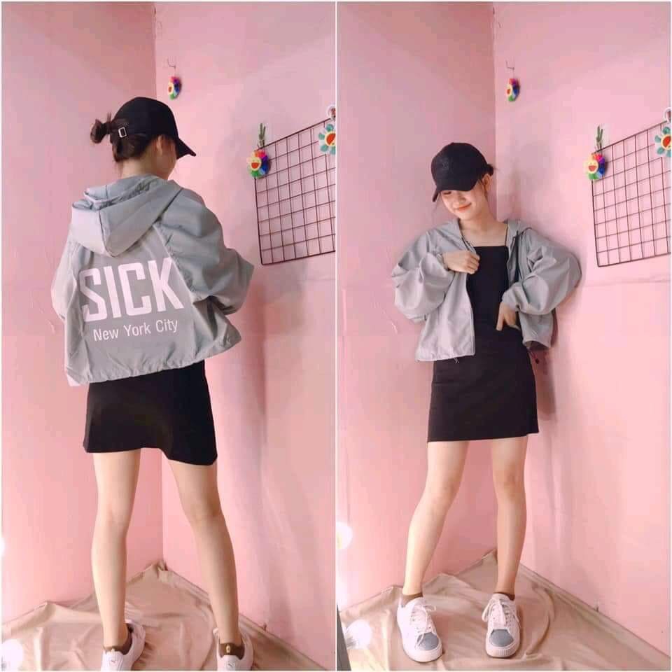 ÁO KHOÁC TUỔI TEEN KIỂU CROPTOP IN CHỮ SICK ,DÙ DÂY RÚT ÁO DÙ NỮ
