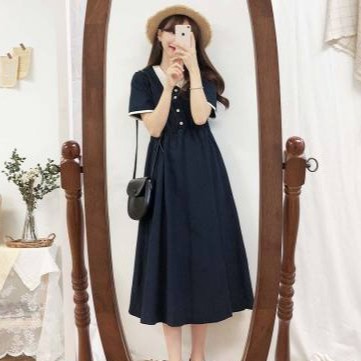 Đầm polo đen viền cổ trắng Váy ngắn tay đi học | BigBuy360 - bigbuy360.vn