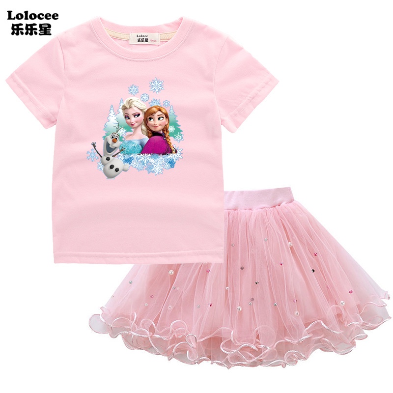 Bộ Áo Thun In Hình Công Chúa Elsa Anna Dễ Thương Phối Chân Váy Tutu Thời Trang Mùa Hè Cho Bé Gái
