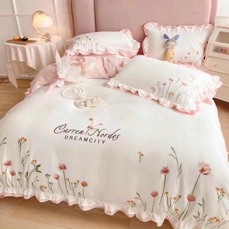 Bộ chăn ga gối cotton bèo ren mềm mại đáng yêu,bộ 4 món chất vải cotton mềm mịn cực kì thoáng mát MỚI