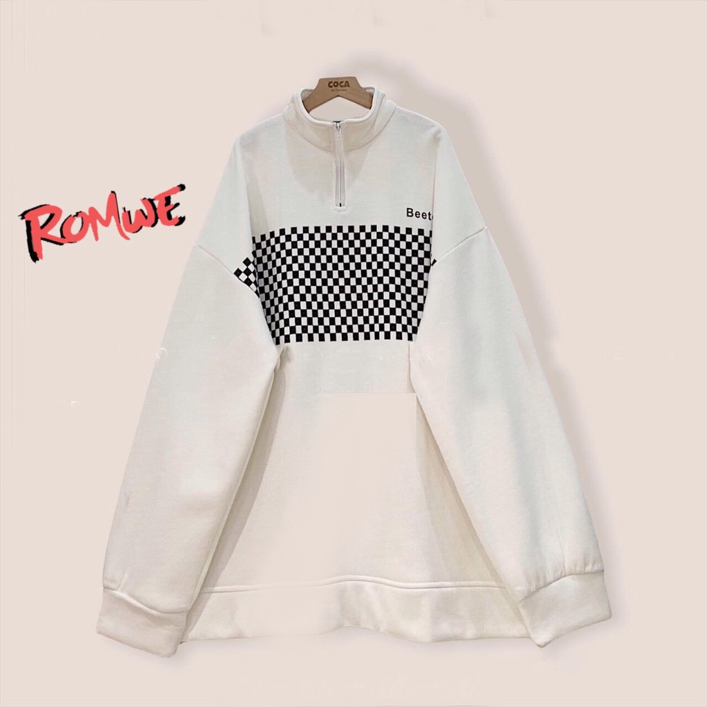 Áo sweater nữ romwe có cổ khóa cao họa tiết bàn cờ chất nỉ cotton dày bo tay form rộng màu đen, trắng cá tính