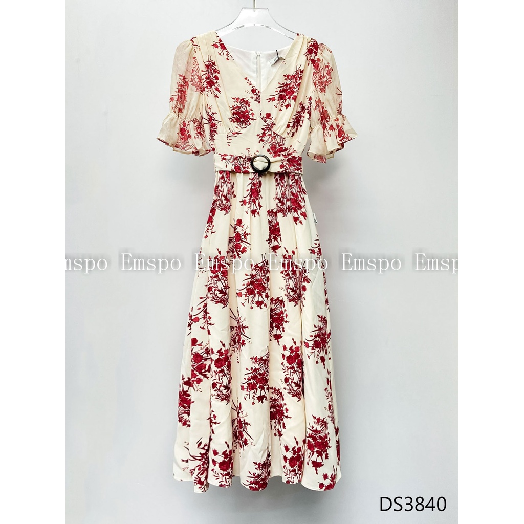 Đầm hoa dáng xòe, cổ tim, chun tay bồng Emspo DS3840