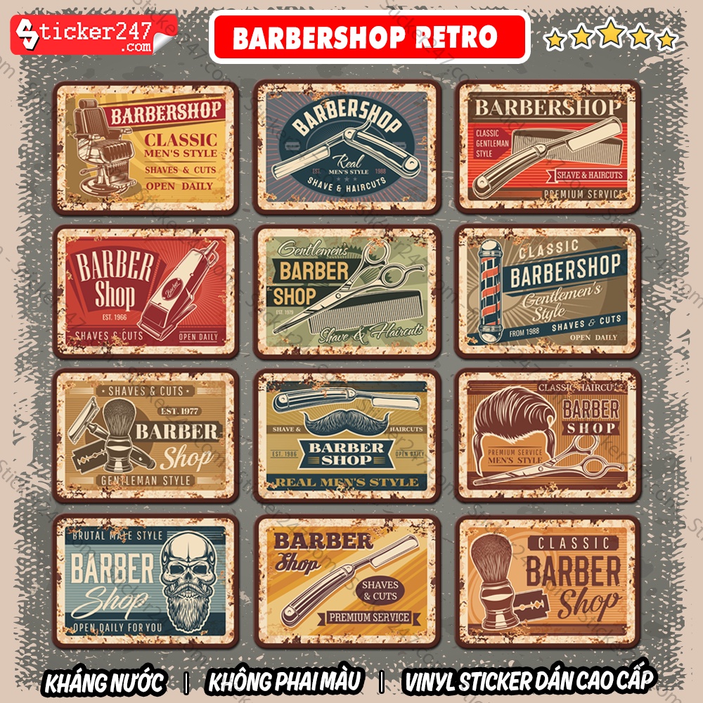 Sticker Barber Shop Vintage Retro 𝑭𝒓𝒆𝒆𝒔𝒉𝒊𝒑 Kháng nước, Cắt Sẵn, Decal BarberShop dán mũ bảo hiểm, dán laptop, dán xe