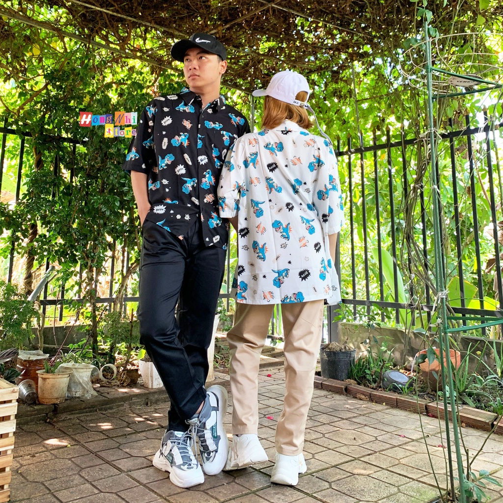 Áo Sơ Mi Hoạ Tiết Khủng Long Tay Lỡ Dáng Rộng Ulzzang Unisex, Sơ Mi Đi Biển - MM