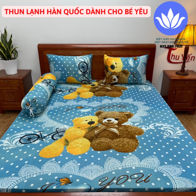Ga giường ga gối Hàn Quốc thun in 3D 4 Món