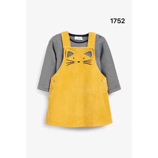 Set váy yếm nhung mèo vàng áo thun kẻ Next