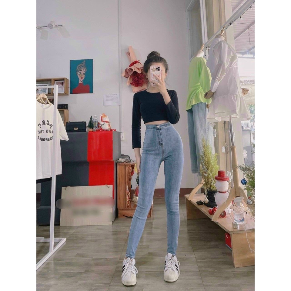 Quần jeans nữ, quần jeans lưng cao dáng ôm co dãn màu đen size S M L BASIC SKUQ-33A