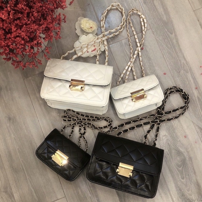 Túi đeo chéo, đeo vai khoá bấm trần ô trám dây xích phối da phong cách đơn giản