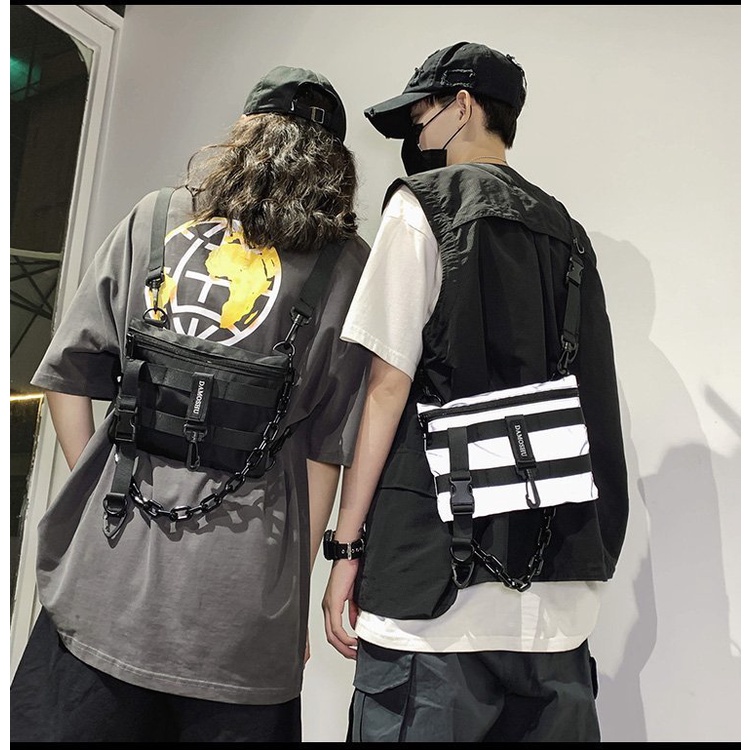 Túi Đeo Trước Ngực Chain Dạ Quang Màu Đen Unisex Quảng Châu Street Style Menswear Đi Quẩy Rave Fanny Bag Ngầu Darkwear