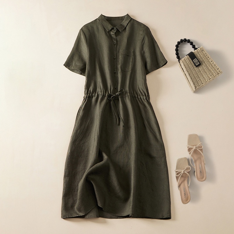Đầm sơ mi ulzzang suông nữ, Đầm linen thời trang hè nữ kèm đai eo màu xanh rêu