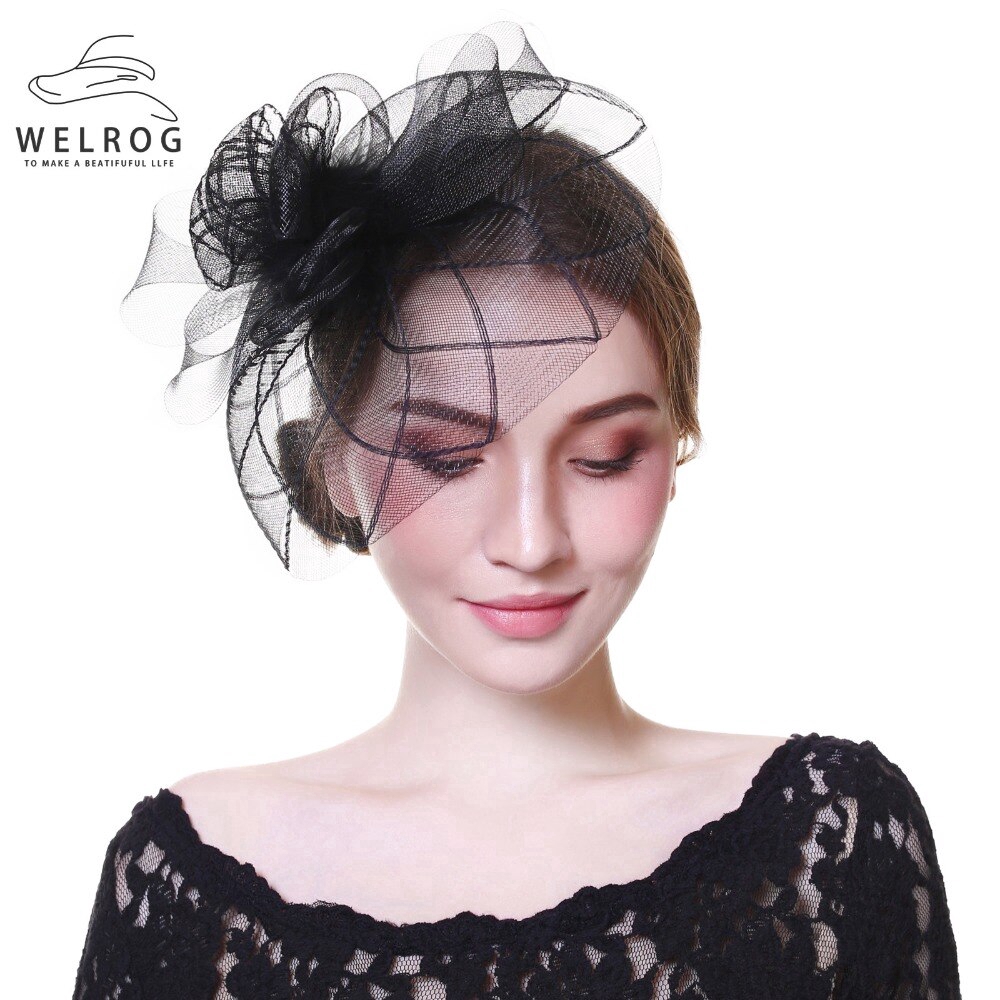 Mũ lưới kèm mạng che mặt đính hoa và lông vũ đội đầu