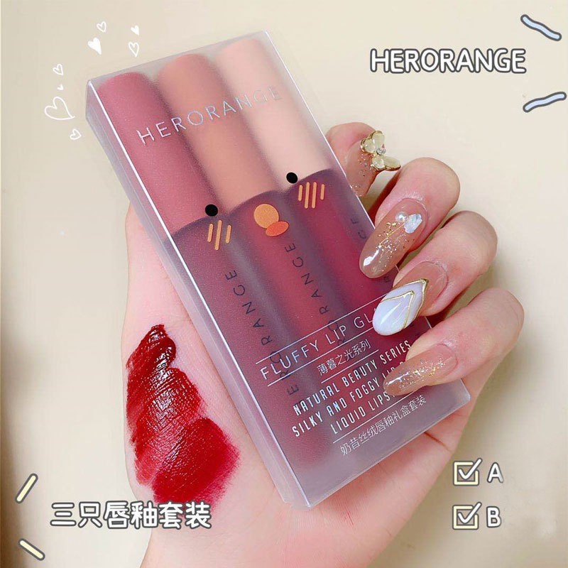 Set Son Nội Địa Trung Herorange 3 Cây Son Kem Lì Màu Hot A B Fluffy Lip Glaze - Khongcoson