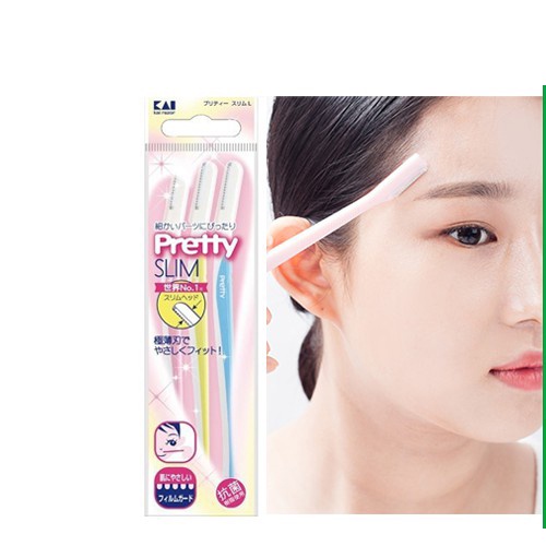 Set 3 dao cạo lông mày Kai Pretty lưỡi thép không gỉ, thân làm từ nhựa cao cấp