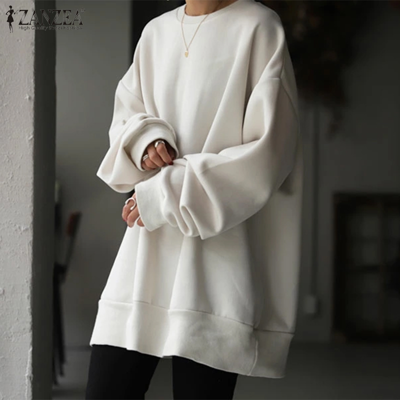 ZANZEA Áo Sweatshirt Tay Dài Cổ Tròn Dáng Rộng Màu Trơn Thời Trang Đơn Giản Dành Cho Nữ