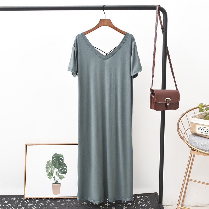Đầm Ngủ Dài Qua Gối Tay Lỡ Cổ Chữ V Dáng Rộng Xẻ Tà Cỡ Lớn Phong Cách Hàn Quốc Thời Trang Cho Nữ C2