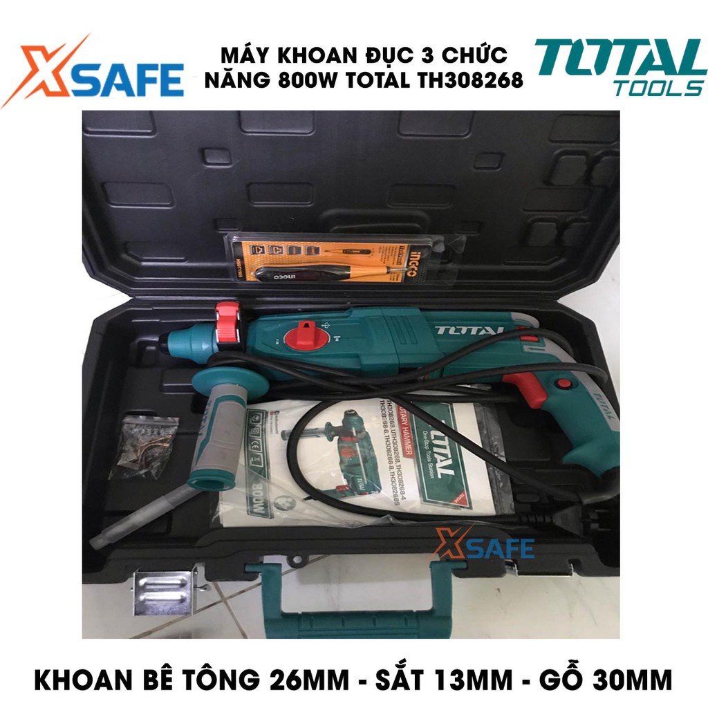 Máy khoan búa cầm tay 3 chức năng 800w TOTAL TH308268 tốc độ 1100rpm, tốc độ búa 4000bpm lực đập 2.5j, kèm mũi khoan,đục