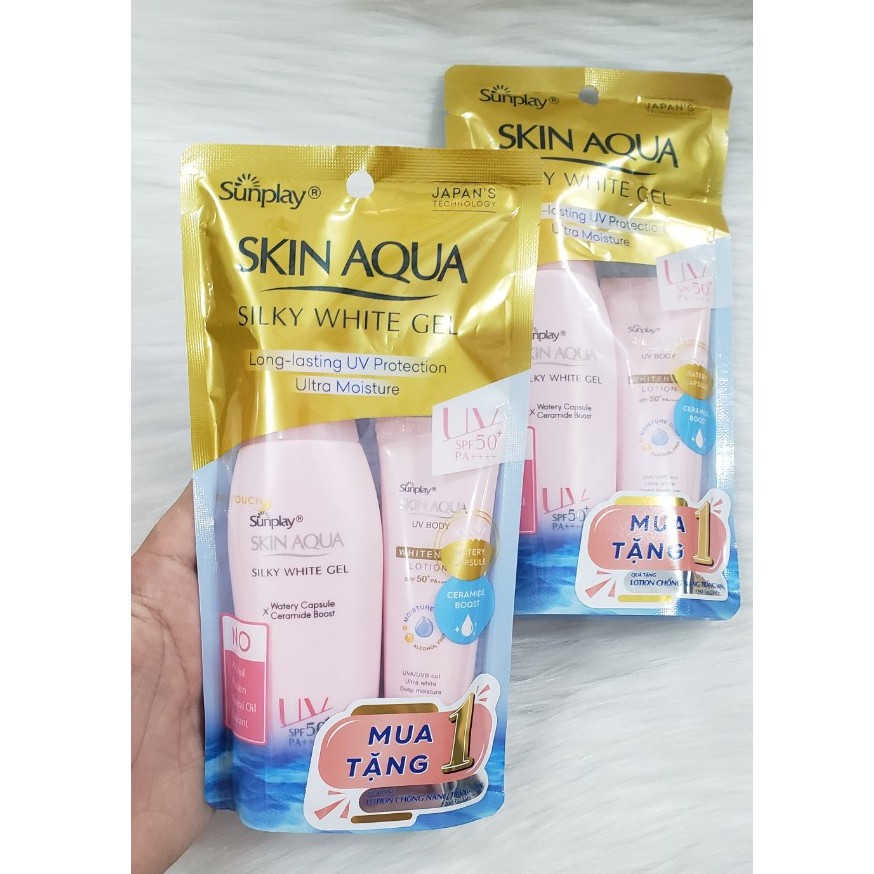 Gel Chống Nắng Dưỡng Da Trắng Mượt Sunplay Skin Aqua Silky White Gel SPF 50 PA+++ (70g) KÈM QUÀ TẶNG