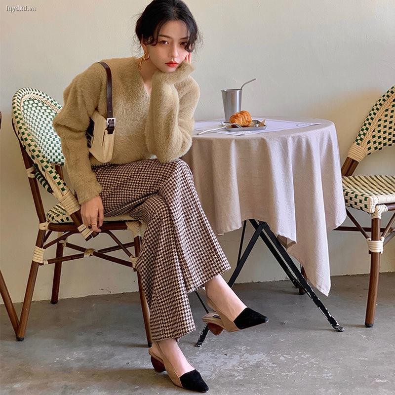 Quần ống rộng họa tiết kẻ sọc ca rô phong cách cổ điển thời trang cho nữ