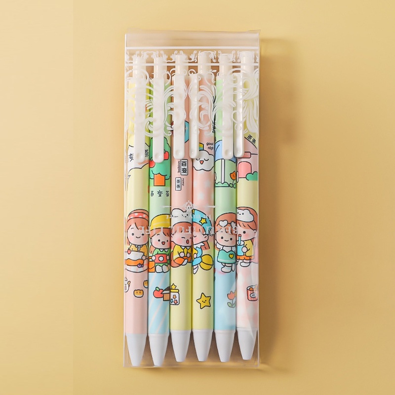 Hộp Bút Bấm 6 Bút Mực Cỡ Nhỏ Họa Tiết Hoạt Hình Dễ Thương Cho Học Sinh / Văn Phòng