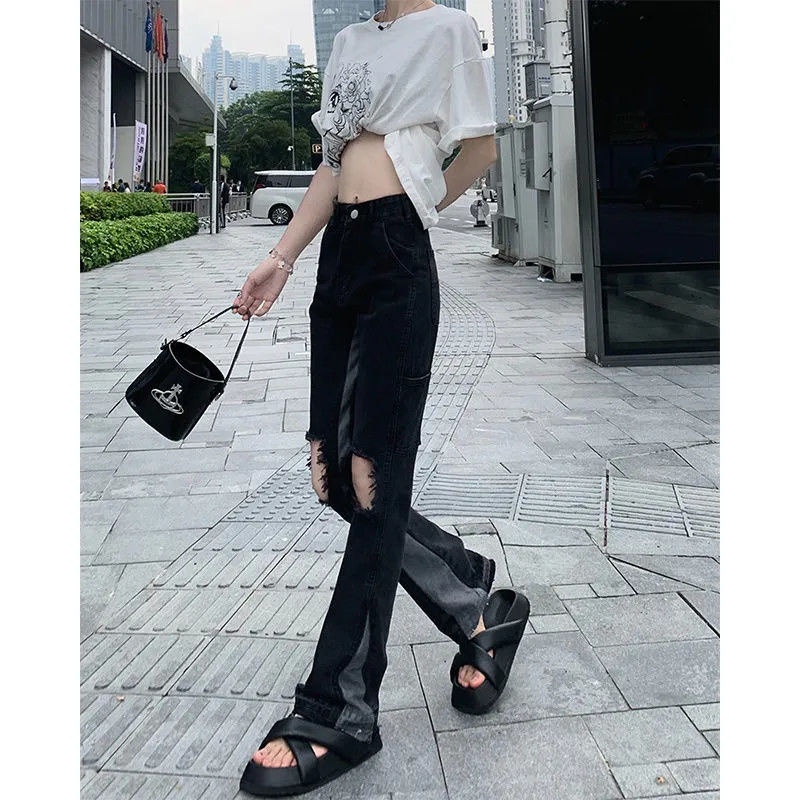 JSC Quần Jeans Lưng Cao Thiết Kế Xẻ Rách Phong Cách Đường Phố Mới