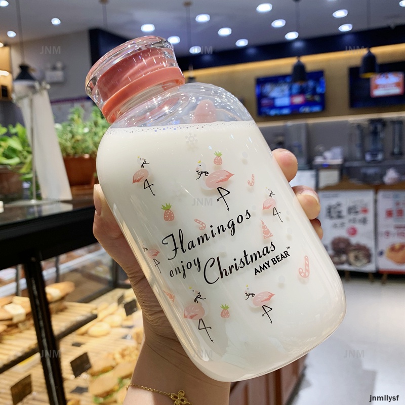 Bình nước thủy tinh chịu nhiệt họa tiết báo hồng dễ thương ​Ly uống nước