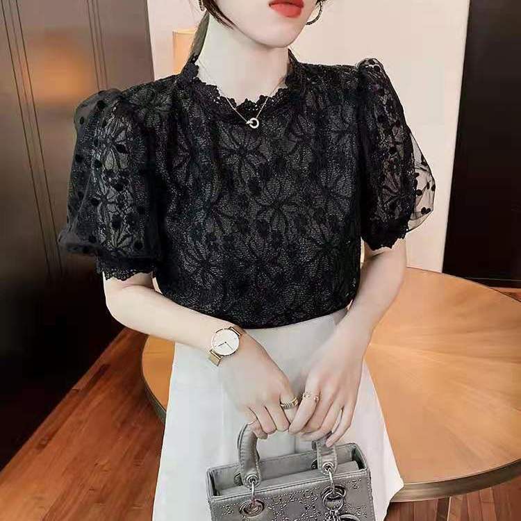 Plus Áo Kiểu Tay Ngắn Phối Ren Hoa Phong Cách Hàn Quốc Có Size Lớn