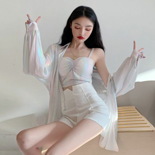 Áo sơ mi mỏng phản quang cầu vồng óng ánh hè thu cá tính