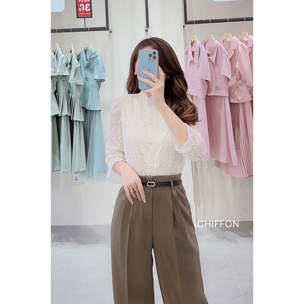 Áo sơ mi ren tay lỡ họa tiết cổ bèo thiết kế by Chiffon