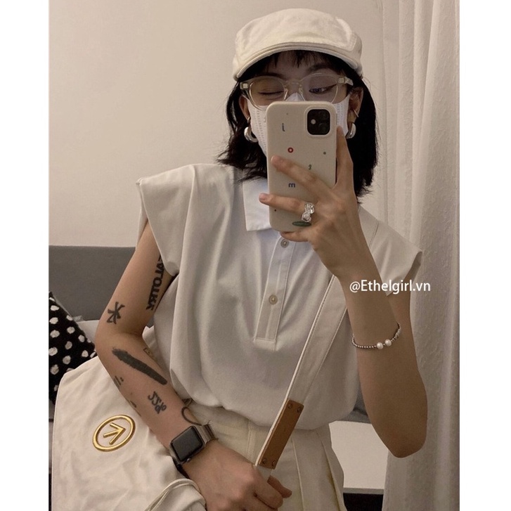 Áo Thun Sát Nách Cổ Polo Màu Sắc Đơn Giản Phong Cách retro Mỹ Cho Nữ