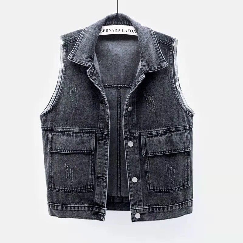 Denim vest Women's short style 2022 Spring and Summer New simple large pocket sleeveless vest all-purpose cardigan