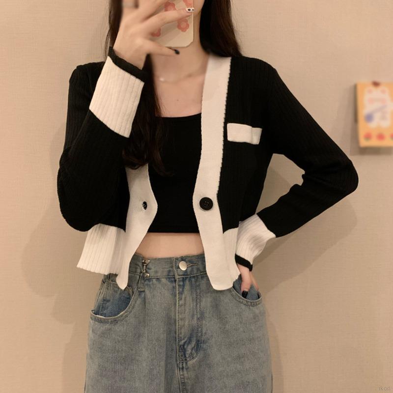 Áo Khoác Cardigan Dệt Kim Tay Dài Phối Màu Tương Phản  Phong Cách Hàn Quốc  Cho Nữ