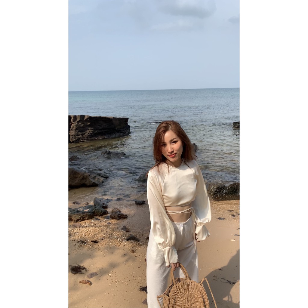 Áo lụa trắng kem tay phồng hạt châu đan dây Swandown thanh lịch, quyến rũ | BigBuy360 - bigbuy360.vn