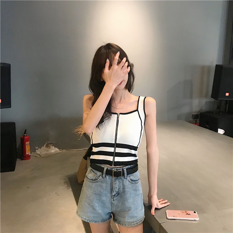 Áo Dệt Kim Không Tay Dáng Ngắn Màu Đen Có Khóa Kéo Thời Trang Mùa Hè Cho Nữ