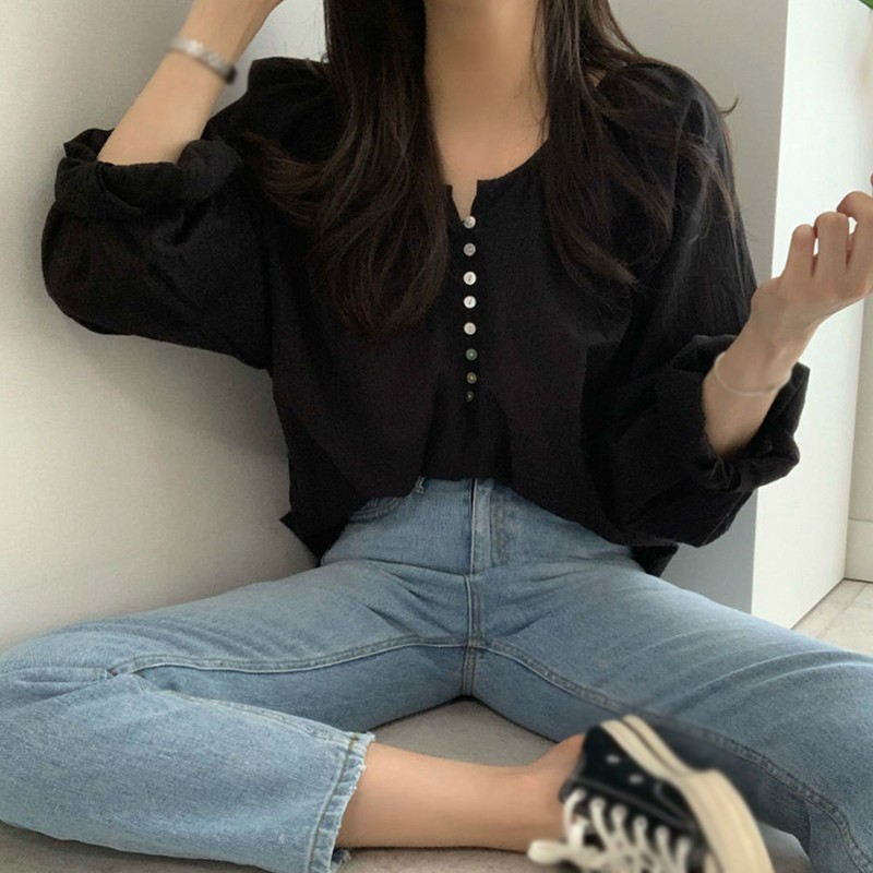 Áo sơ mi dáng rộng tay dài màu trơn phong cách đơn giản