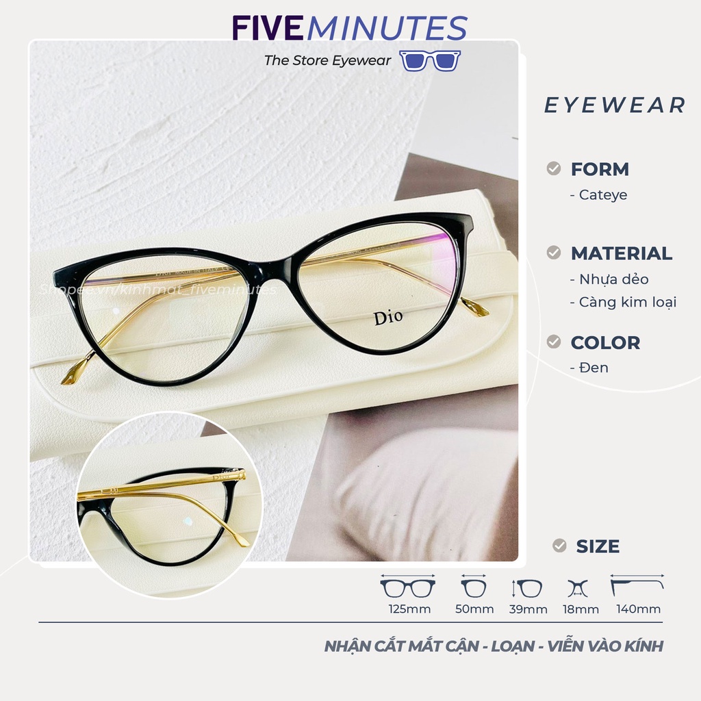 Gọng kính cận nữ, kính mắt mèo nhựa dẻo Fiveminutes càng kim loại tăm 5029 dễ đeo