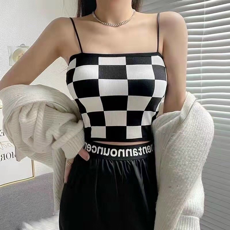 Áo 2s hai dây cotton tăm kẻ caro croptop hàng QC