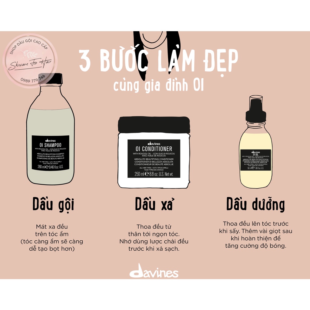 Dầu gội và dầu xả hoàn mỹ Davines OI dung tích 250ml dưỡng ẩm mềm mượt tóc