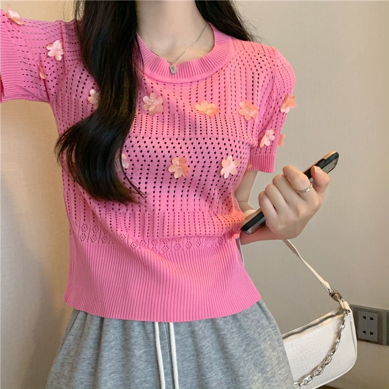 Áo Dệt Kim Tay Ngắn Cổ Tròn Họa Tiết Hoa Dễ Thương Cho Nữ