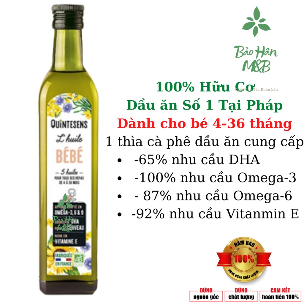 Dầu ăn dặm hữu cơ Quintesens Bebe, Pháp (250ml) bổ sung Omega 369, vitamin E cho bé từ 4 đến 36 tháng tuổi