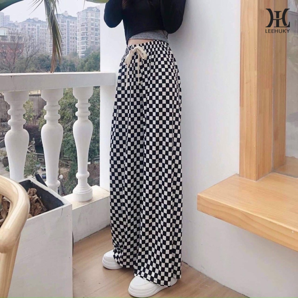 Quần suông caro cao cấp cạp chun vải tăm kẻ ô ống rộng nữ thoáng mát cá tính