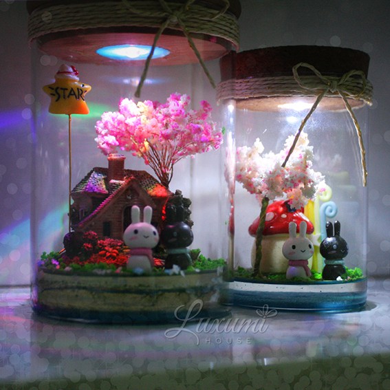 Lọ phát sáng pha lê [Ngôi Nhà Thỏ] - CÓ đèn LED phát sáng bảy sắc cầu vòng - Quà tặng handmade | BigBuy360 - bigbuy360.vn
