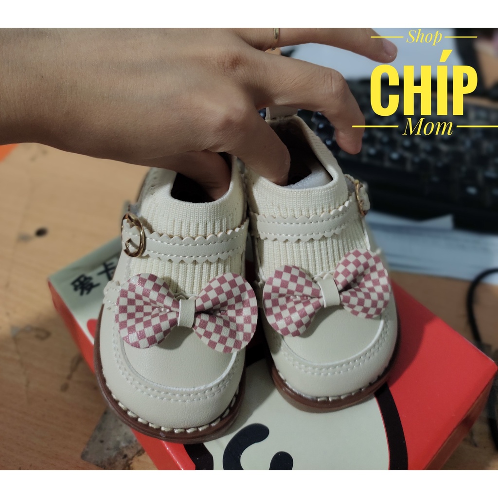 giày bé gái bốt thun co dãn cho bé da PU mềm siêu nhẹ nơ caro sinh xắn cho bé từ 6m QCCC full hộp A2233 ( có ảnh thật )