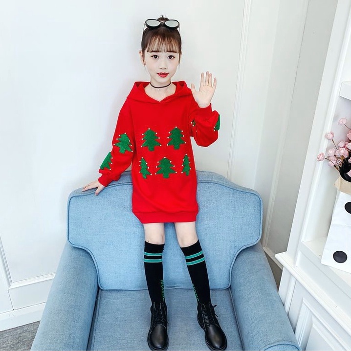 Áo len lông cừu cho bé gái thu đông 2022 mới mùa đông và phiên bản hàn quốc của bé trai và bé gái sành điệu màu đỏ lưới kiểu dáng dài nước ngoài