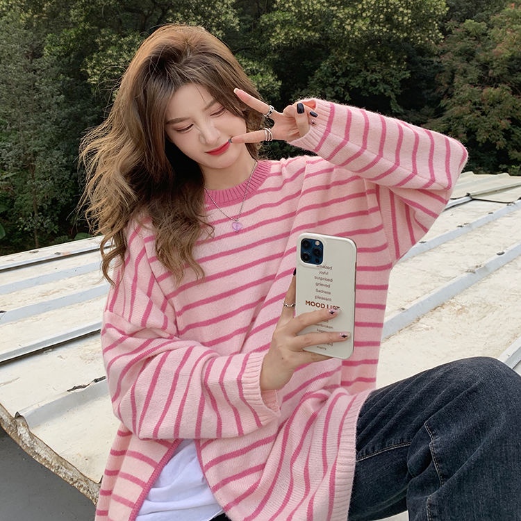Áo sweater Dệt Kim Cổ Tròn Dáng Rộng Xẻ Tà Họa Tiết Kẻ Sọc Thời Trang Hàn Quốc 2022