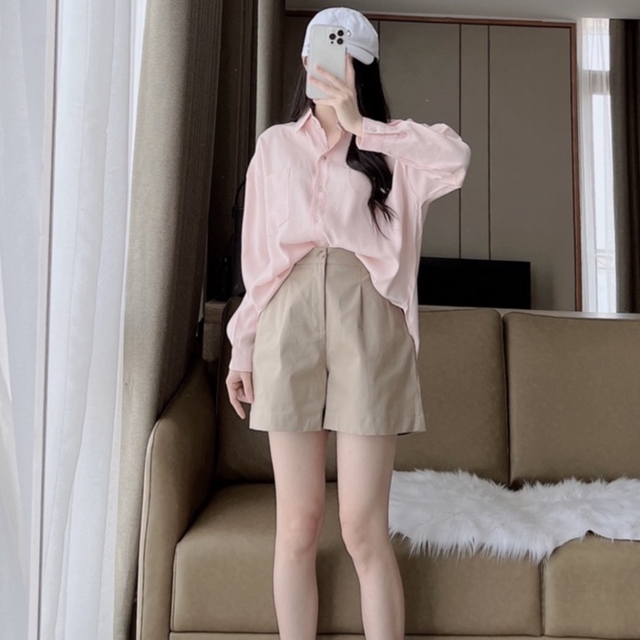 Quần shorts nữ ống rộng kaki basic, Quần đùi nữ cạp cao khóa kéo lưng thun lật line