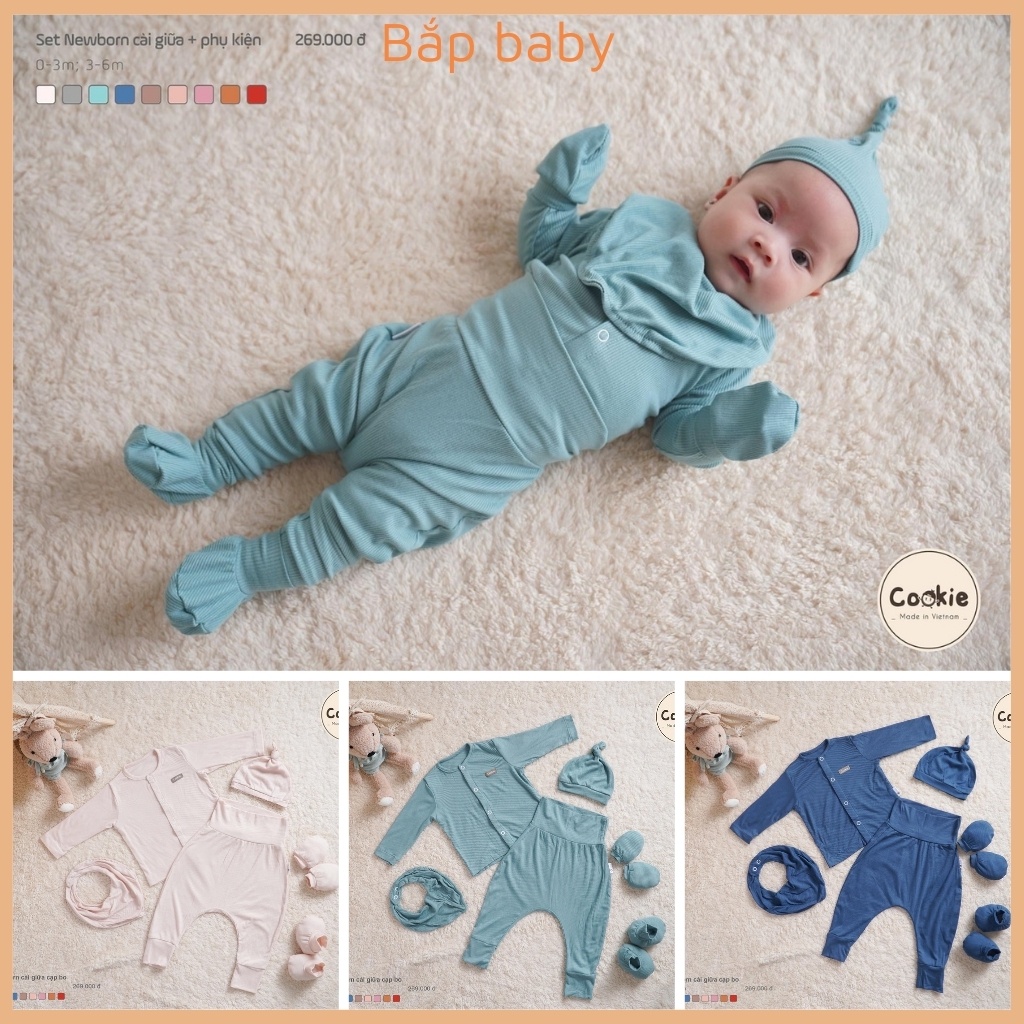 Quần áo sơ sinh bé trai và bé gái COOKIE bộ sơ sinh dài tay chất vải cotton tăm lạnh, mặc mùa hè size 0 đến 6 tháng tuổi